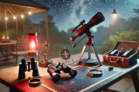 Astronomie-Zubehör auf einem Tisch unter klarem Nachthimmel