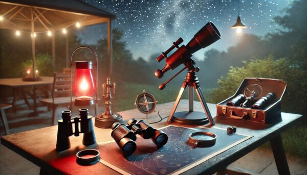 Astronomie-Zubehör auf einem Tisch unter klarem Nachthimmel