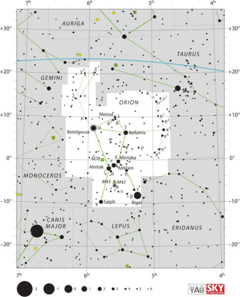 Sternenkarte des Orion-Nebels und seiner Position im Sternbild Orion