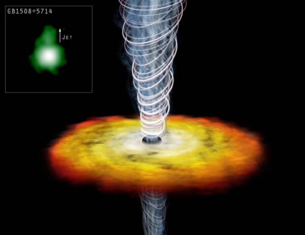 Künstlerische Darstellung des Quasars GB 1508+5714 mit Akkretionsscheibe und Jet, ergänzt durch eine echte Chandra-Röntgenaufnahme.