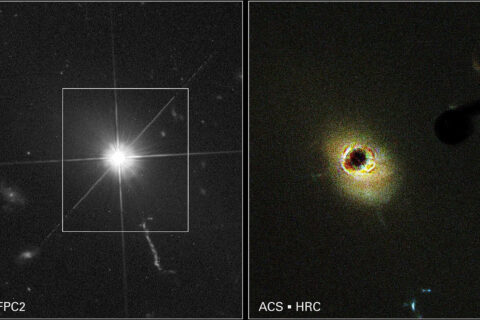 Quasar aufgenommen vom Hubble-Weltraumteleskop, mit sichtbarem Lichtstrahl und Strukturen der Galaxie.