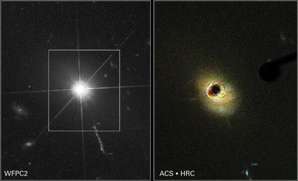 Quasar aufgenommen vom Hubble-Weltraumteleskop, mit sichtbarem Lichtstrahl und Strukturen der Galaxie.